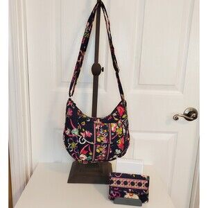 Vera Bradley Navy Pink Retired Ribbons Shoulder Bag & Wallet 2 Piece BUNDLE